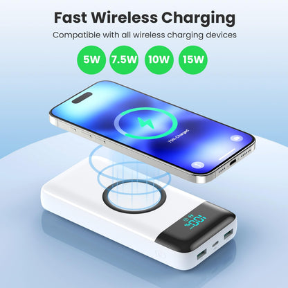 Wireless Portable Charger 40800mAh with 3 Built-in Cables,7-in-1 15W Wireless Charging Power Bank,25W PD QC 4.0 Fast Charging USB C LCD Display Battery Pack for iPhone 17/16/15/13,Samsung,Android etc