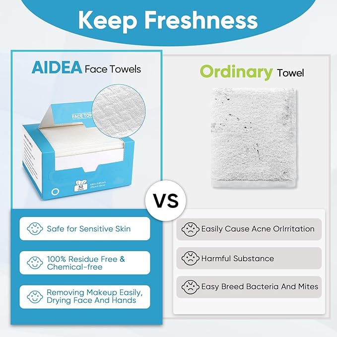 AIDEA XL Face Towels Disposable 50Ct, Clean Facial Cloths, Facial Cleansing