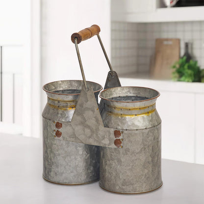 UPPER DECOR Set of 2 Rustic Galvanized Utensil Holders with Handles, Farmhouse Kitchen Crocks for Spoons, Forks & Knives, Countertop Organizer Buckets for Rustic Farmhouse Decor, 8"x4"x6.75"
