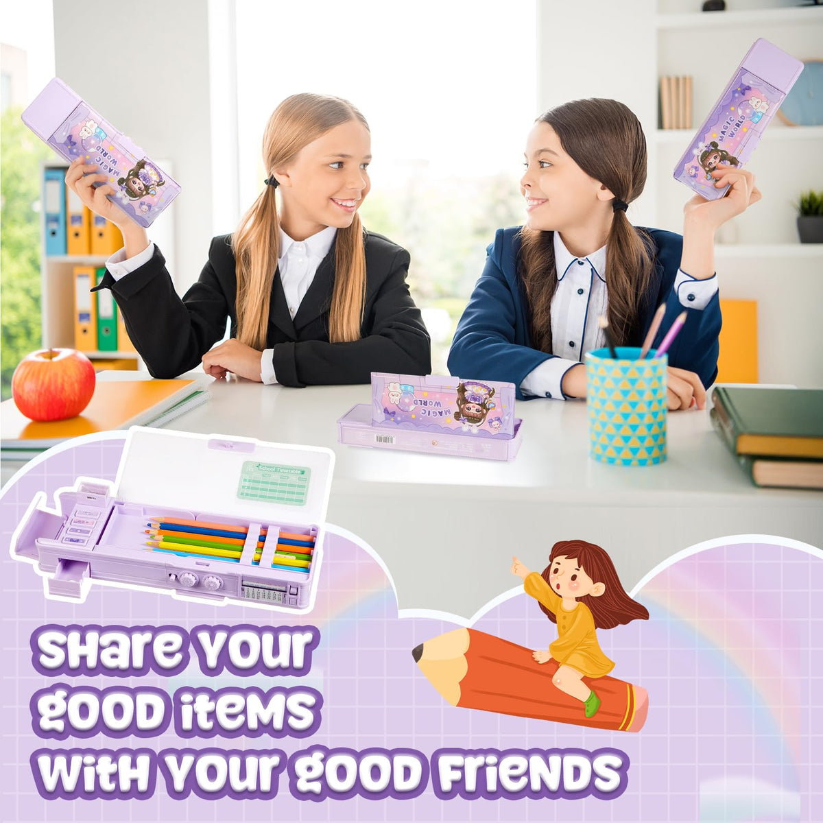 Humyoun Multifunctional Pop up Pencil Case for Girls, Cute Cartoon Pen Box Organizer with Password Lock, Sharpener, Schedule, Birthday Stationery Gifts for Kids (Purple, Magic World)