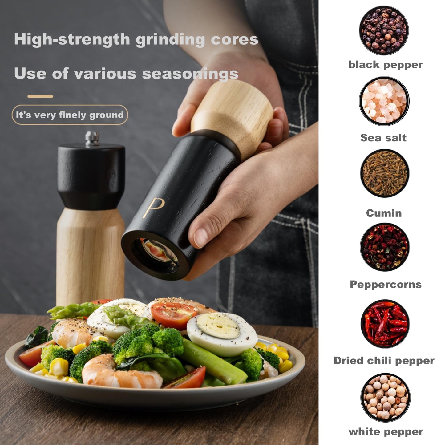 GCFTIFF Wooden Salt and Pepper Grinder Set, Refillable Salt & Pepper Mills Shakers,Manual Pepper Mill Made of Rubber Wood with Adjustable Ceramic Steel Core,with Wooden Stand & Spoon (2pcs 6.5 inches)