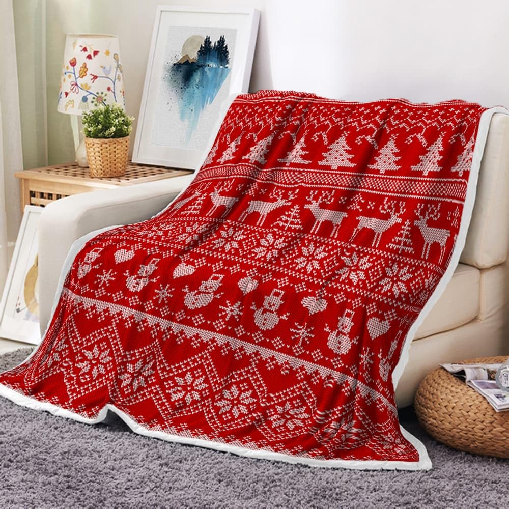 Christmas Weighted Thick Throw Blanket for Couch, Red Winter Snowman Reindeer Snowflakes Christmas Tree Candy Cane Soft Chunky Fleece Flannel Blanket for Bed Office (50X60 Inches)