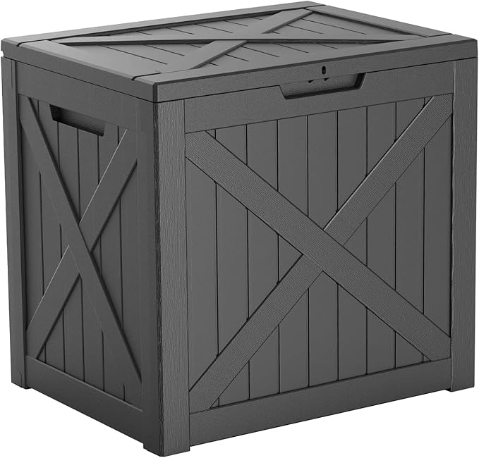 ROJIK 32 Gallon Outdoor Storage Housing Deck Box,Waterproof Patio Furniture, Garden Tools, Cushions, Pool Accessories Storage Bench with Lockable Lid and Side Handles(Black)