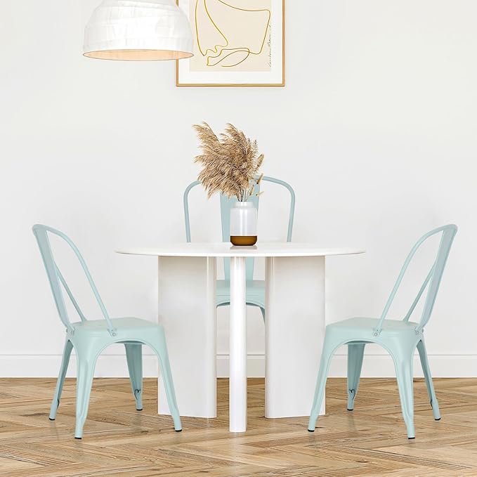 FDW | Set of 4 Metal Dining Chairs | Blue | Stackable Tolix Side Chairs with Backrest | Scratch-Resistant | Non-Slip Feet | Indoor/Outdoor Use | 330 lbs Capacity | Ideal for Kitchen & Restaurant