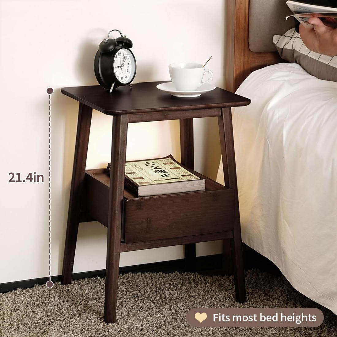 Kuabner Night Stand with Drawer, Mid Century Modern Nightstand, Bedside Tables with Open Storage Shelf,Large Storage End Table, Bamboo Night Stands for Bedrooms