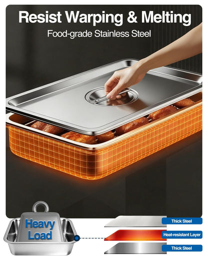 Matchwaves Grilling Prep and Serve Trays with Lid, Stainless Steel Large Grill Carry System, Deep Marinating Container with Cutting Board for BBQ Outdoor Grilling, Pro Series