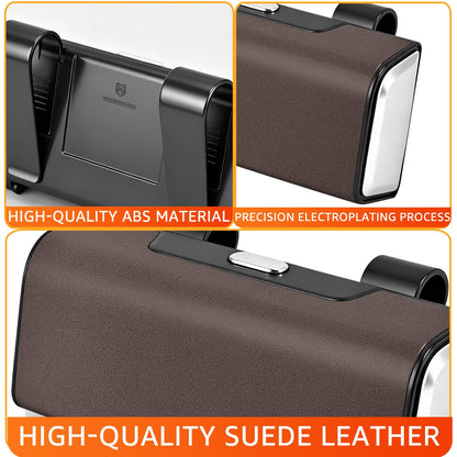 HOLDCY Car Sunglasses Holder for Sun Visor, Button Leather Eyeglass Hanger and Interior Storage Box, One‑Hand Access, Universal Fit Car Glasses Case Organizer for Car/Truck/SUV Drivers (Brown)