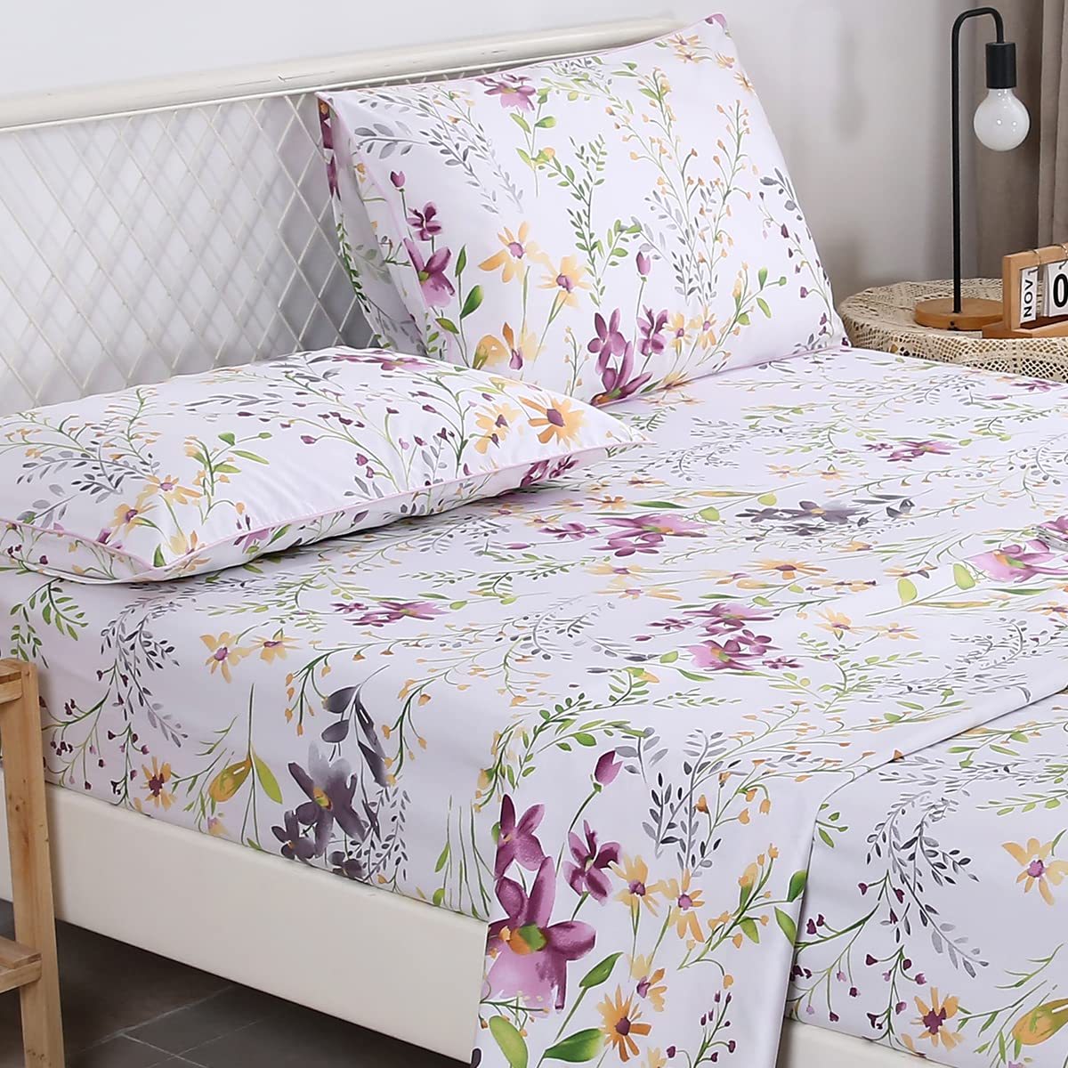 URBONUR Garden Floral Sheets Set 4-Pieces Egyptian Cotton Luxurious Bedding Sheet Set Soft Silky Crisp Percale Sheets Shabby Chic Flowers Bed Linen Set (4Pcs, Queen Size)