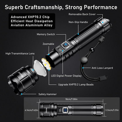 Blukar Torch Rechargeable, 500000 Lumens Torches LED Super Bright Flashlight, Adjustable Focus, 5 Modes, 5000 mAh Long Lasting, IP67 Waterproof, Smart Digital Display for Camping, Power Cuts,Emergency
