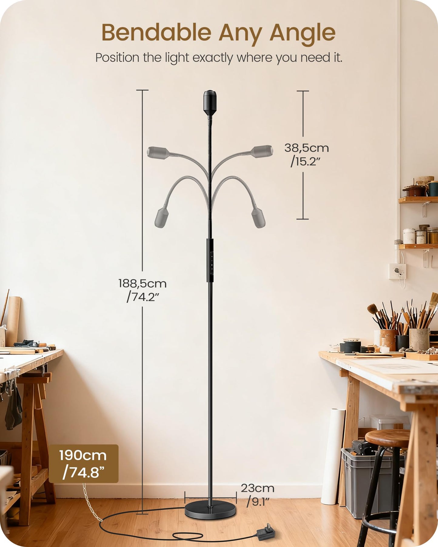 GOEBLESON Reading Floor Lamp, 74.2" Tall LED Lamp, with 360° Flexible Gooseneck & Touch & Remote Control, Ajustable Color & Beam, Crafts Standing Lamp, for Reading, Task Craft, Living, Black WB16LD05