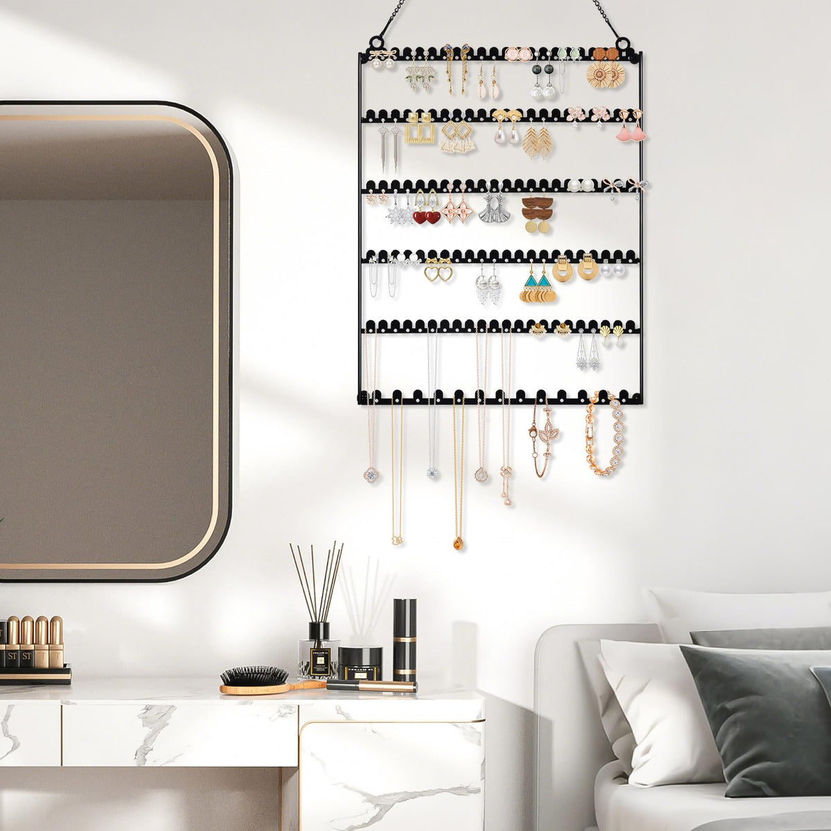 milylove 6 Tier Earring Holder Wall Mounted Hanging Earring Organizer, Earring Display Storage with 123 Holes and 129 Grooves Jewelry Organizer Tree for Stud/Hoop/Dangle Earrings Necklace（Black）