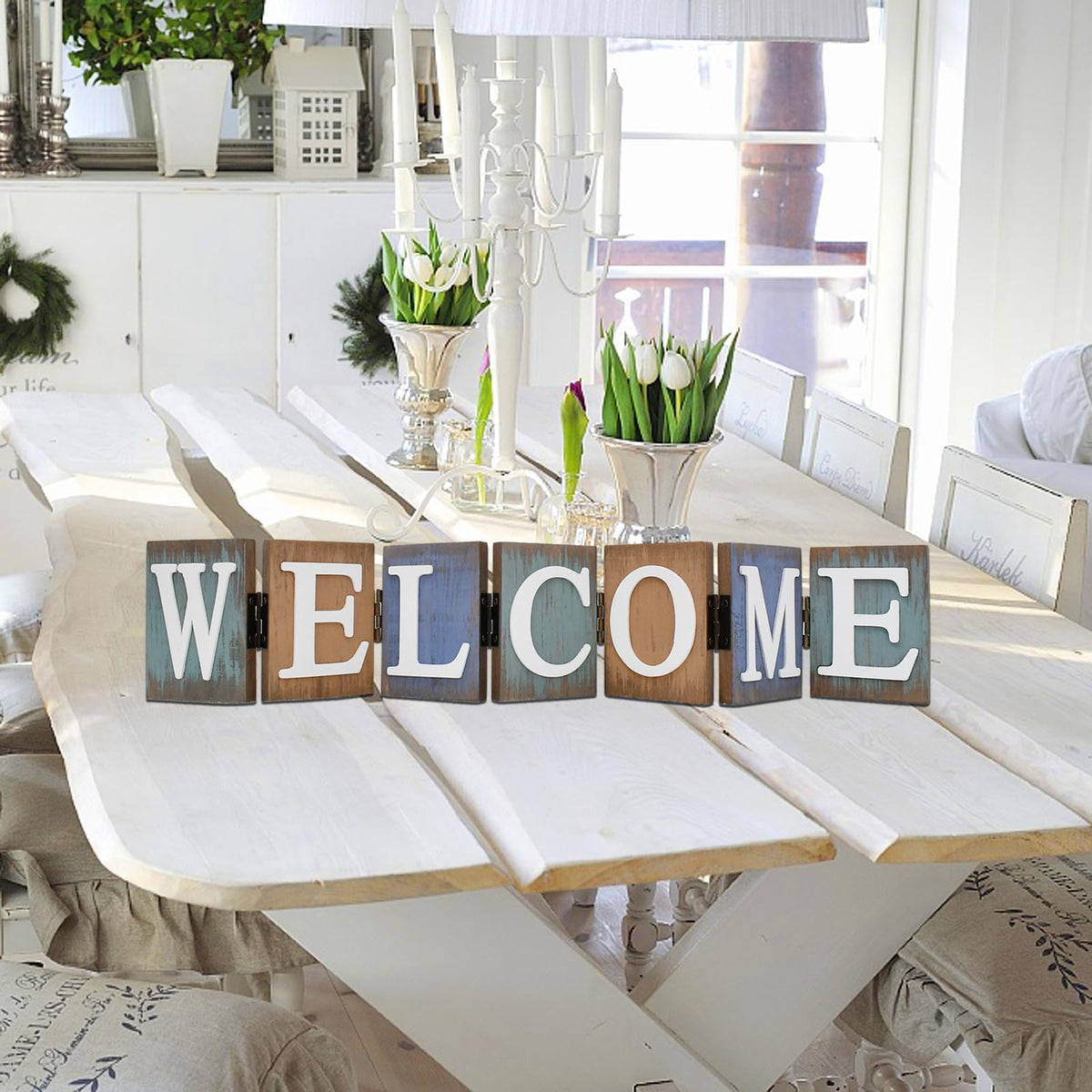 Rustic Wood Welcome Sign Cutout, Teal Wooden Tabletop Folding Decorative Word Sign, Freestanding Hinged Block Letters Home Decor