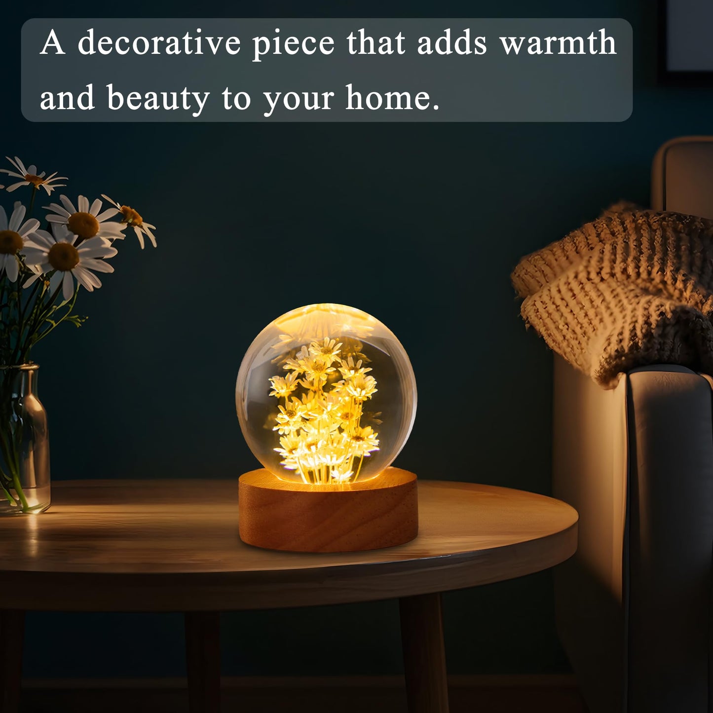Daisy Decor Gifts,Daisy Flower Lamp Crystal Ball Night Light,2.4 Inch Glass Ball Lamp with LED Wooden Base,Soft Warm White Lighting for Women Best Friends Sister Birthday Xmas Aesthetic Gift(Yellow)