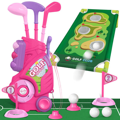 Liberry Toddler Golf Set for 2 3 4 Years Old Girls Boys, Upgraded Kids Golf Cart with Golf Cornhole Board & Putting Mat, Indoor and Outdoor Golf Toys Birthday Gift, Pink