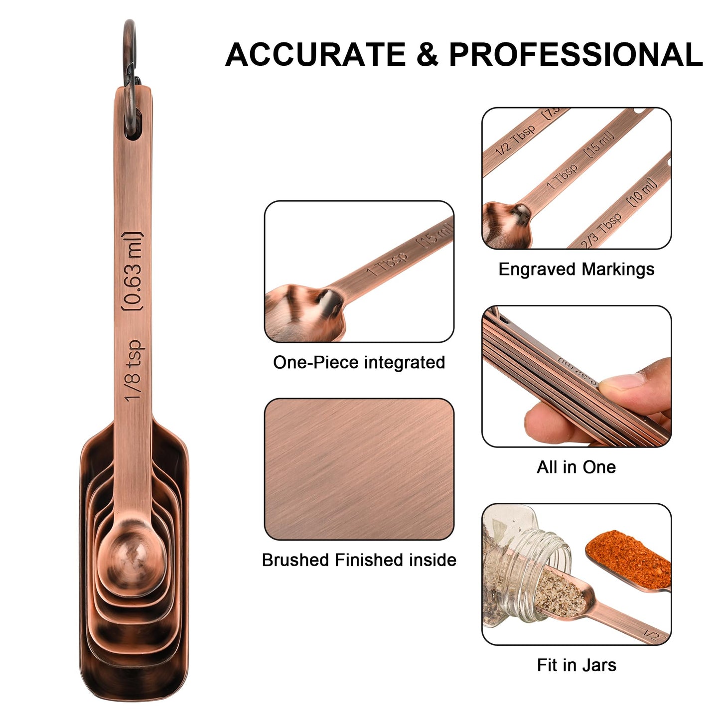 Nstezrne Copper Measuring Cups and Spoons Set, Stainless Steel Measuring Cups and Spoons Set 12, Metal Measuring Cups Set, 5 Measuring Cup Set and 6 Copper Measuring Spoons &Leveler for Kitchen