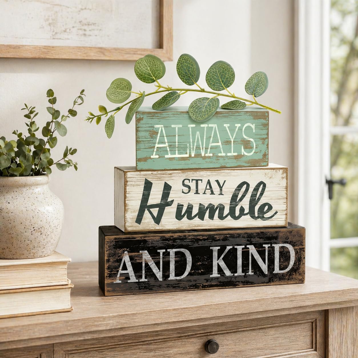 4 Pcs Farmhouse Stacked Wooden Decor Always Stay Humble and Kind Inspirational Table Signs with Eucalyptus Leaves for Living Room Shelf Fireplace Mantle Home Decoration Housewarming Gift