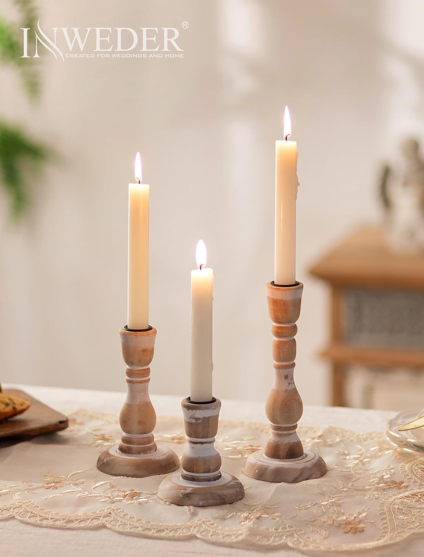 Inweder Wooden Candlestick Holders Rustic: Farmhouse Wood Taper Candle Holders Boho Candle Sticks Holder Fall Decor for Dinning Table Mantle Party Holiday Christmas Wedding Home Set of 3
