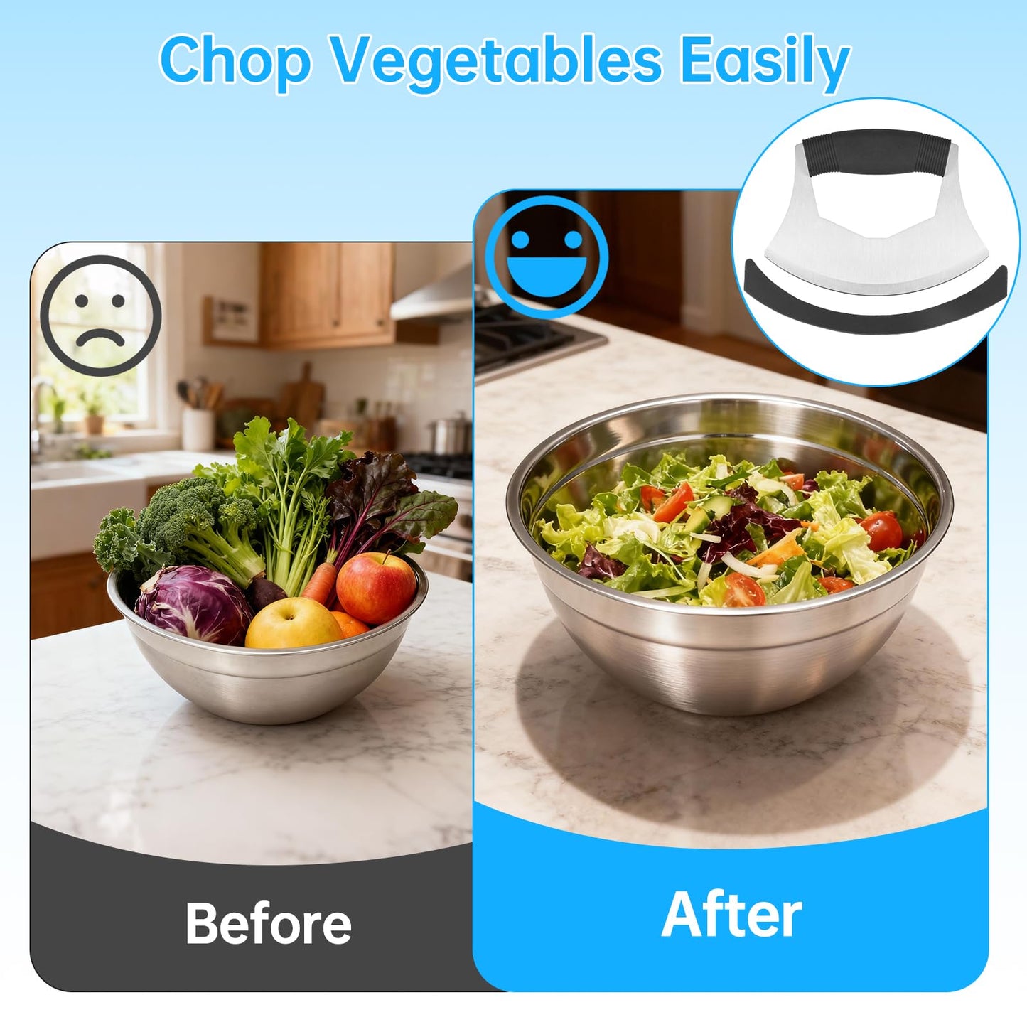 Fevbcnrj Salad Chopper Bowl and Cutter with Lid, Stainless Steel Chopping Bowl, Mezzaluna Mincing Knife with Protective Cover, Snap-Tight Storage Lid, for Super-Fast Salad Prep