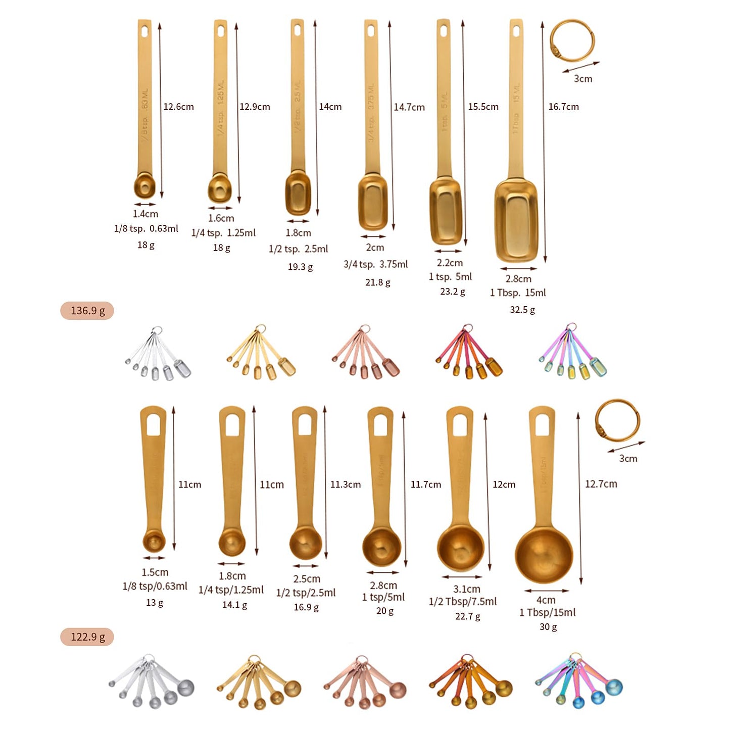 DOCBLACK Measuring Spoons, Heavy Duty 18/8 Stainless Steel Measuring Spoons Cups Set, Set of 6 for Gift Measuring Dry and Liquid Ingredients - Gold