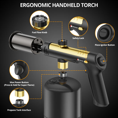 KinetiFire Powerful Propane Torch Gun, Cooking Torch with One-Touch Max Fire, Adjustable Culinary Torch for Searing Steak, Sous Vide, BBQ and Campfire Starter, Gold & Black(Tank Not Included)