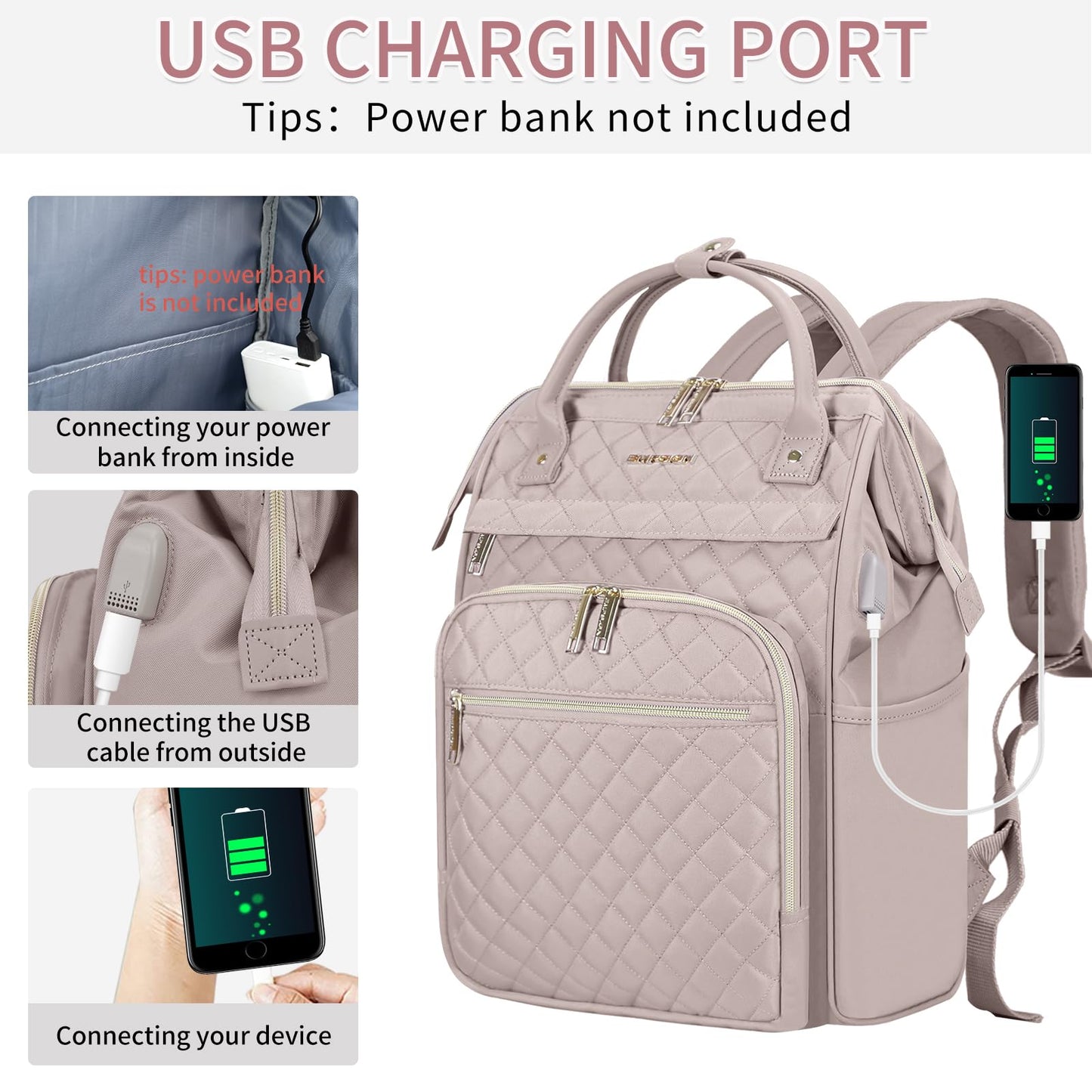 EMPSIGN Laptop Backpack Women 17 Inch, Large Laptop Rucksack Wide Open, College School Backpack with USB Charging Port, Water Repellent Travel Business Work Bag Computer Bookbag for Men, Dusty Pink