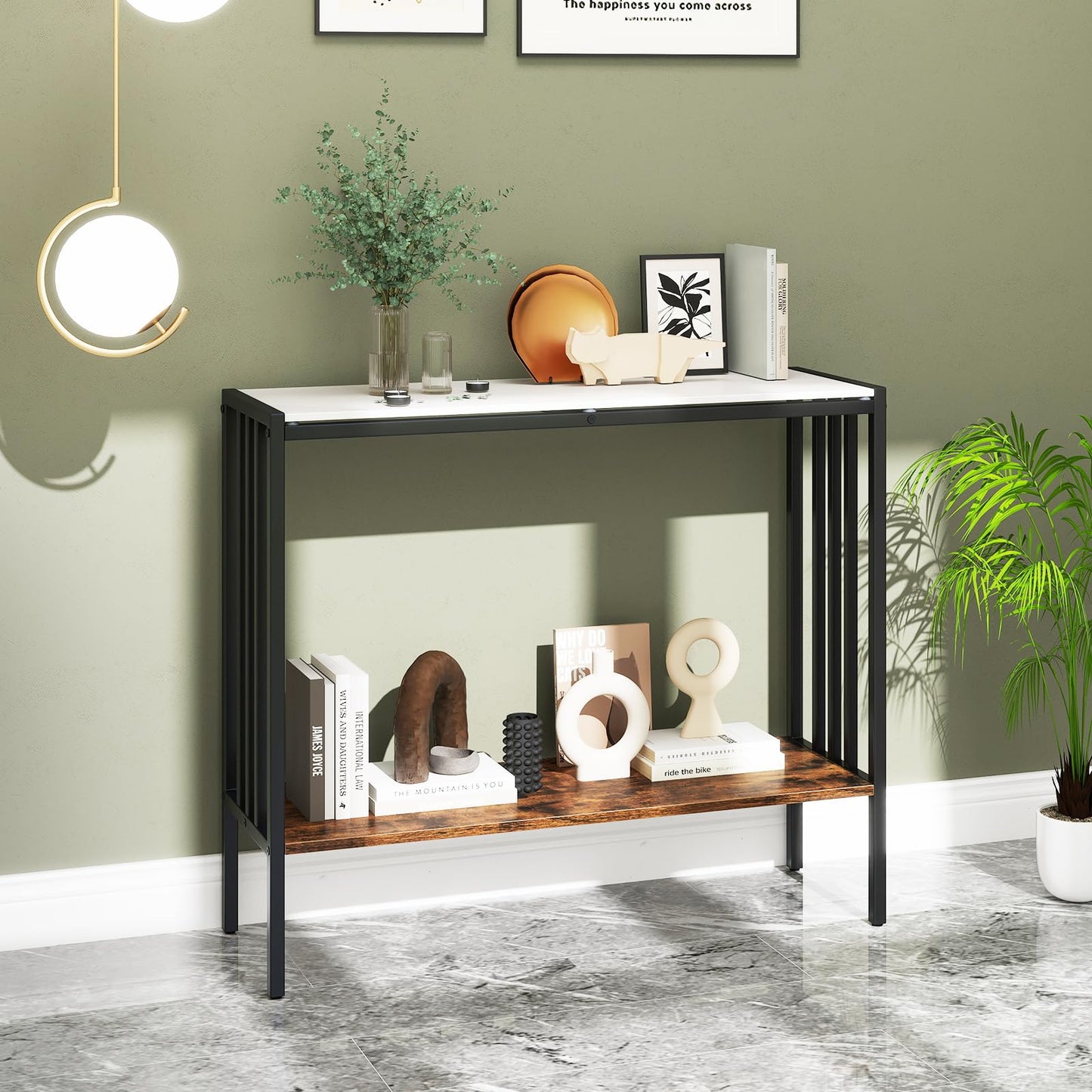 Giantex 36" Narrow Console Table, 2-Tier Industrial Entryway Table with Open Storage Shelves & Metal Frame, Faux Marble Sofa Table Behind Couch for Living Room, Hallway, Foyer, White & Rustic Brown