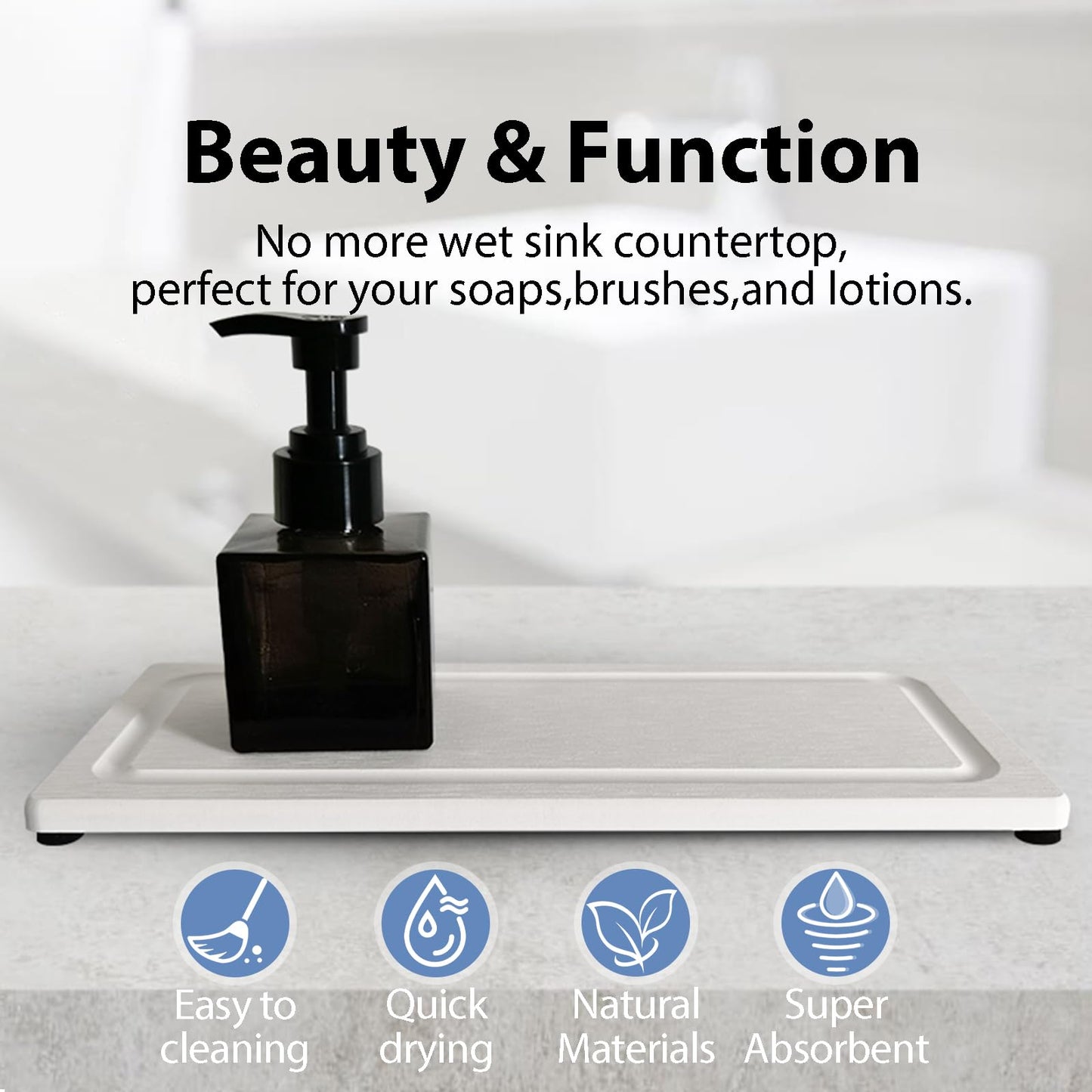 2 PCS Fast-Drying Stone Trays for Bathroom Sink & Kitchen Counter, Water Absorbing Diatomite Sink Coasters, Vanity Tray, Hand Soap Holder with Anti-Skid Pads (11" x 4.7" White)
