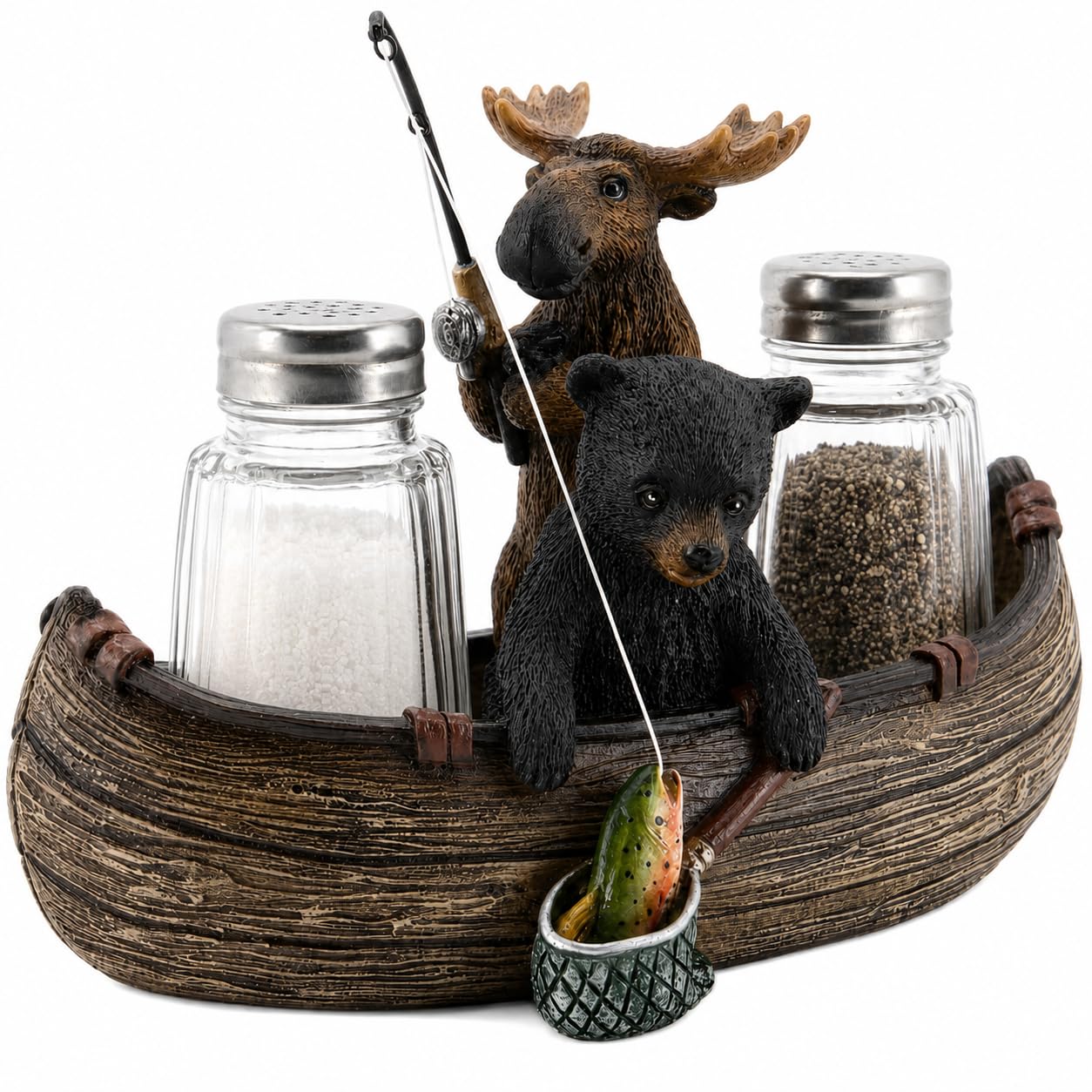 Comfy Hour 6.7" Moose and Bear Fishing in Canoe Salt and Pepper Shaker Duo (Empty Bottle Set Included), Decorative Rustic Lodge Cabin Style Figurine Holder, 1 Unit
