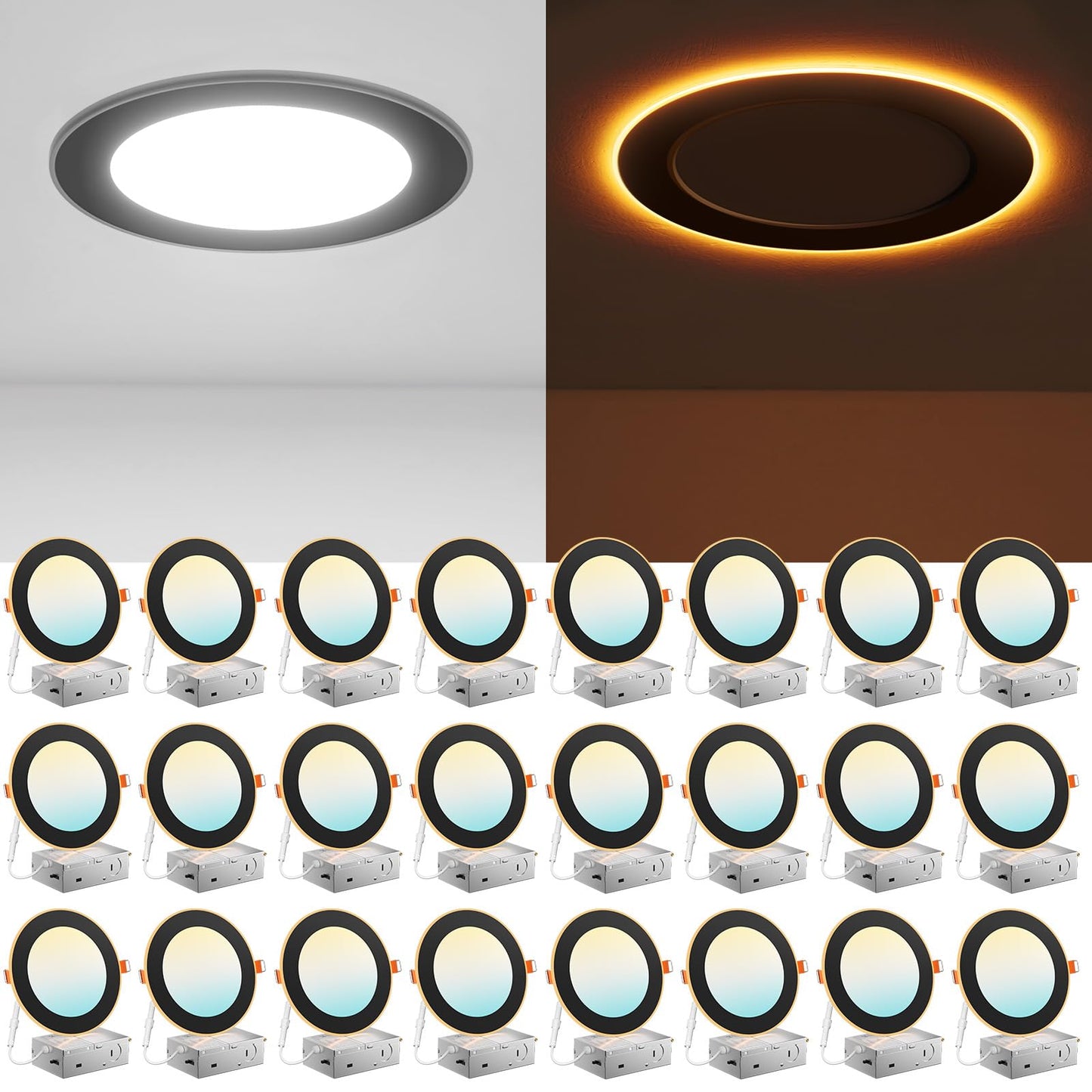 Amico 24 Pack 6 Inch 5CCT LED Recessed Ceiling Light with Night Light, 2700K/3000K/3500K/4000K/5000K Selectable Ultra-Thin Recessed Lighting, 12W=110W, 1100LM, Dimmable Canless Wafer Downlight ETL&FCC