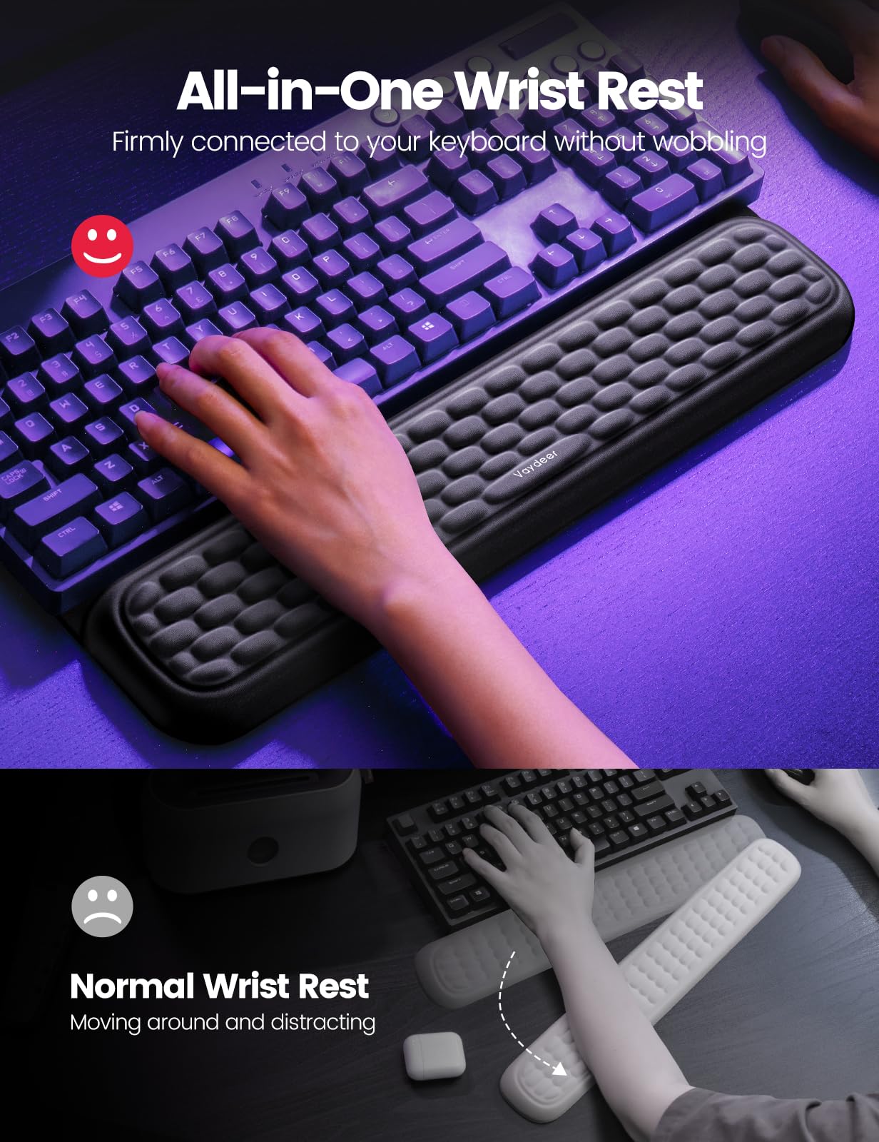 Vaydeer Keyboard Wrist Rest with Stickers, Full Mechanical Keyboard Support Pad, Desk Ergonomic Cushion for Computer Typing Office Work Home Gaming, Soft Memory Foam Arm Palm Hand Pain Relief Gift