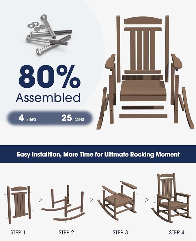KINGYES HDPE Outdoor Rocking Chair Set of 2, Widened Seat Patio Rocking Chair, Oversized All Weather Patio Rocker, Brown