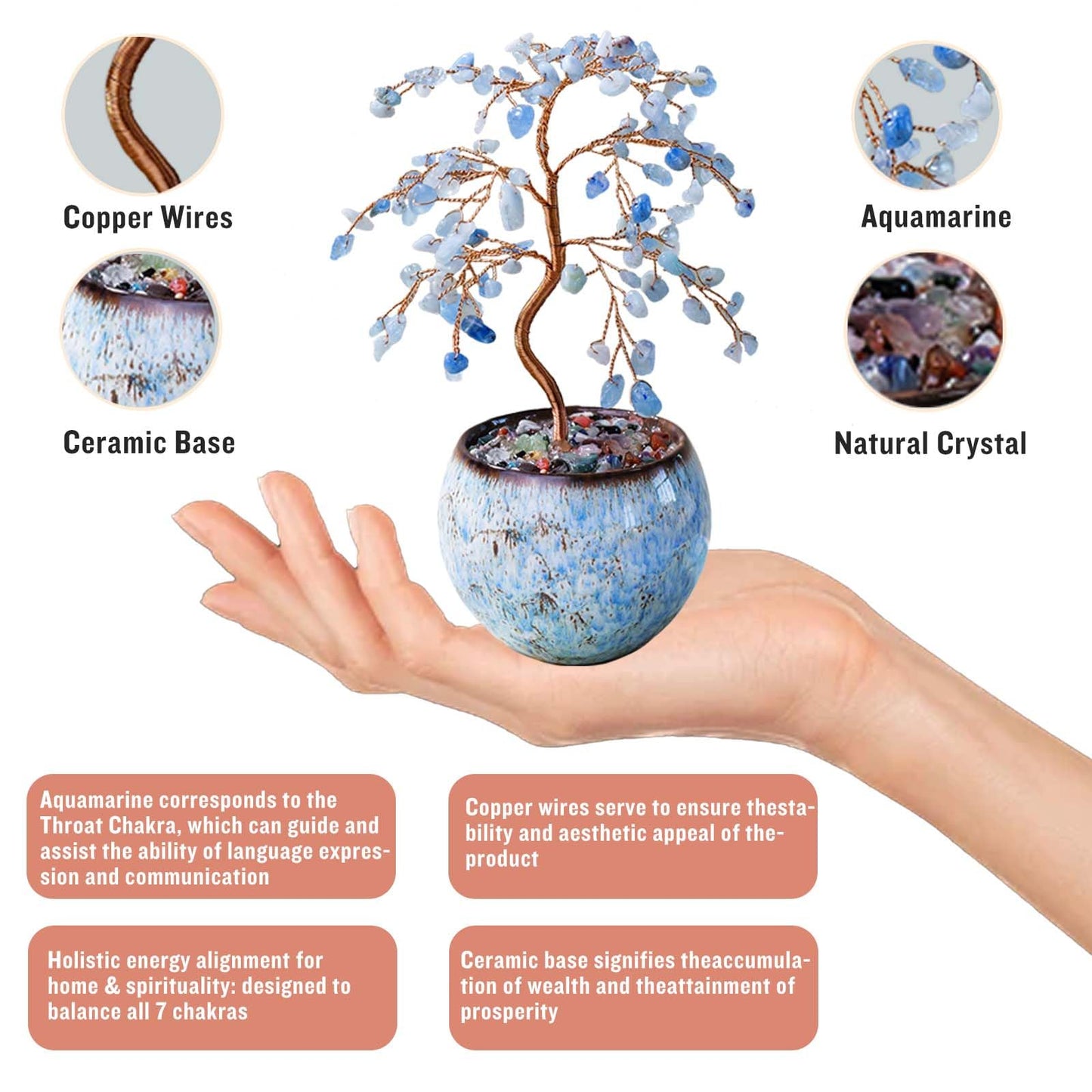 Runyangshi Aquamarine Crystal Tree of Life - 8" Large Natural Chakra Healing Crystal Tree, Bringing Money, Good Luck, Positive Energy for Home Decor, Feng Shui Gifts, Office Desk Ornament
