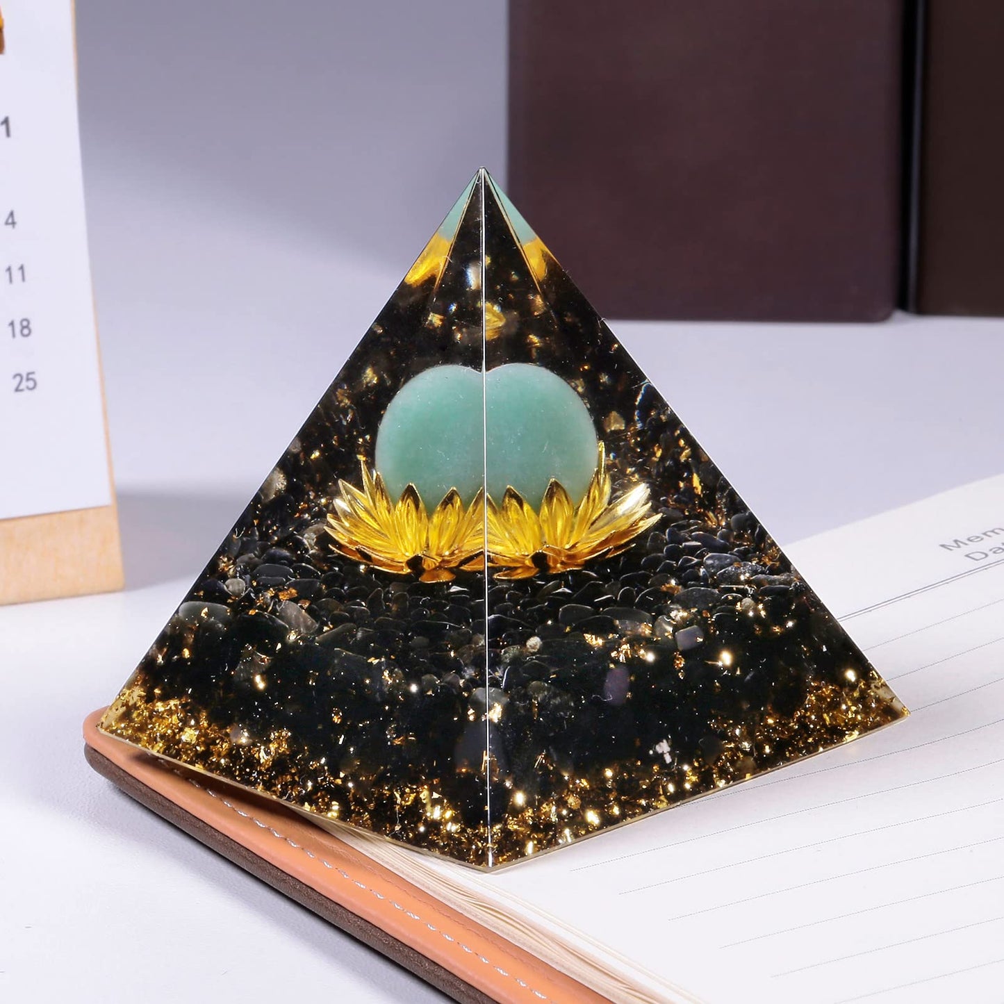 Rockcloud Orgone Pyramid Crystal Stone Sphere on Lotus Base Energy Generator for Chakra Balancing Meditation, Green Aventurine