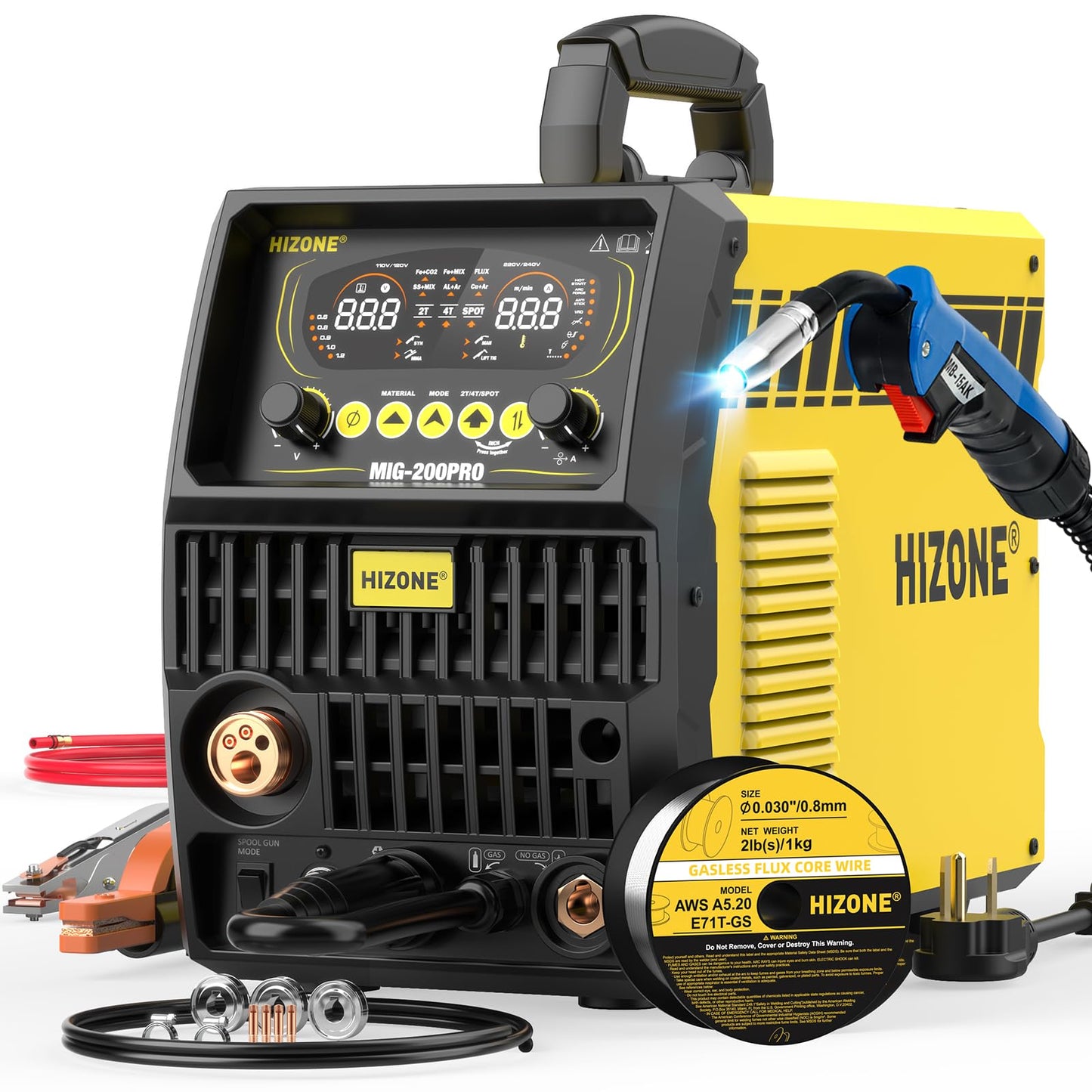 HIZONE MIG-200PRO MIG Welder & HIZONE E71T-GS .030inch-2lb Flux Core Welding Wire, 1-Pack