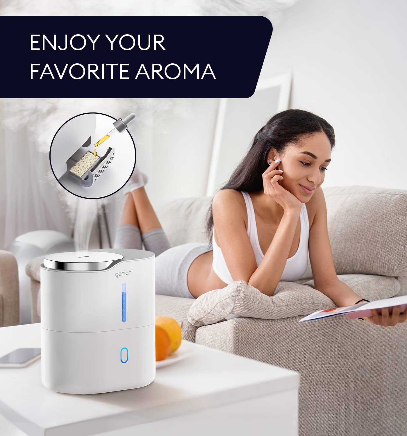 GENIANI Ultrasonic Cool Mist Humidifier for Bedroom, Large Rooms, Home, 4L - Easy Fill & Clean Humidifier for Plants w/Auto Shut-off, 40H Runtime - Quiet, Top Fill Air Humidifier