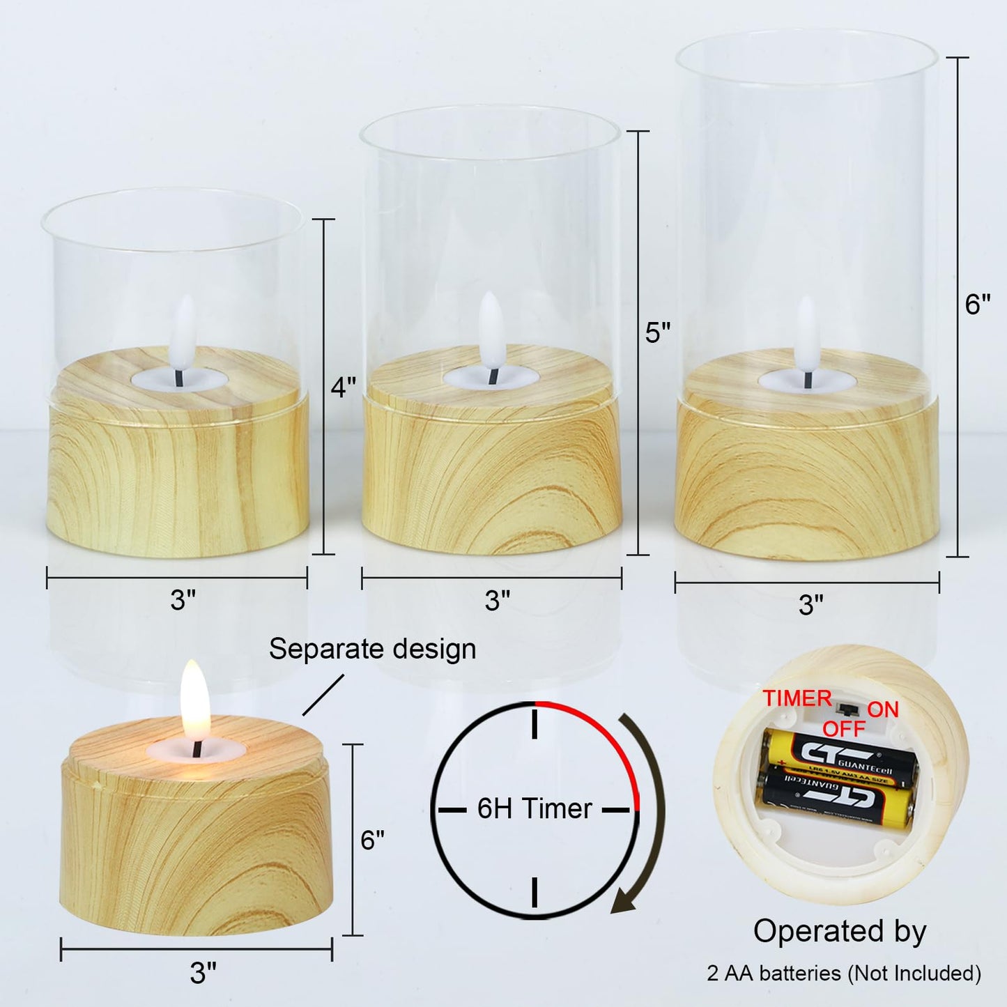 KunSwenn Battery Operated Candles with 6H Timer, 3 Pack Glass LED Flikcering Flameless Candles, Clear Pillar Candles with 3D Flame for Spring Wedding Home Bedroom Decor(Set of 3)