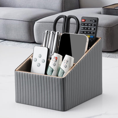 KINGFOM 3 Slot PU Leather Remote Controller Holder, Home Sundries Storage Box, TV Guide/Mail/CD Organizer/Caddy/Holder with Free Cable Desk Organizer (Gray)