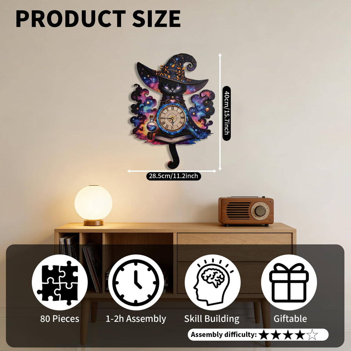 NIUNIUAMY 3D Wooden Puzzle Clock DIY Mechanical Model Kit, Wooden Desk & Wall Clock with Pendulum, Adult Crafts Model Clock Kit, Laser Cut Wood Assembly, Fantasy Cat Wizard Galaxy Decor, Unique Gift