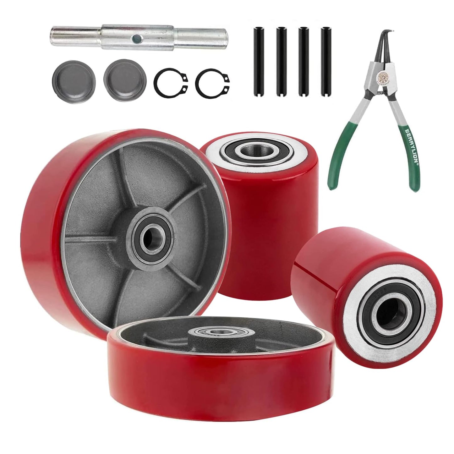Pallet Jack/Truck Full Set with Axles, Pairs of 7" x 2" Steer Wheels & 3" x 3.75" Load Wheels with Bearings ID 20mm Poly Tread Black, Entry Exit Roller, Tool Kit Included.(Assembled)