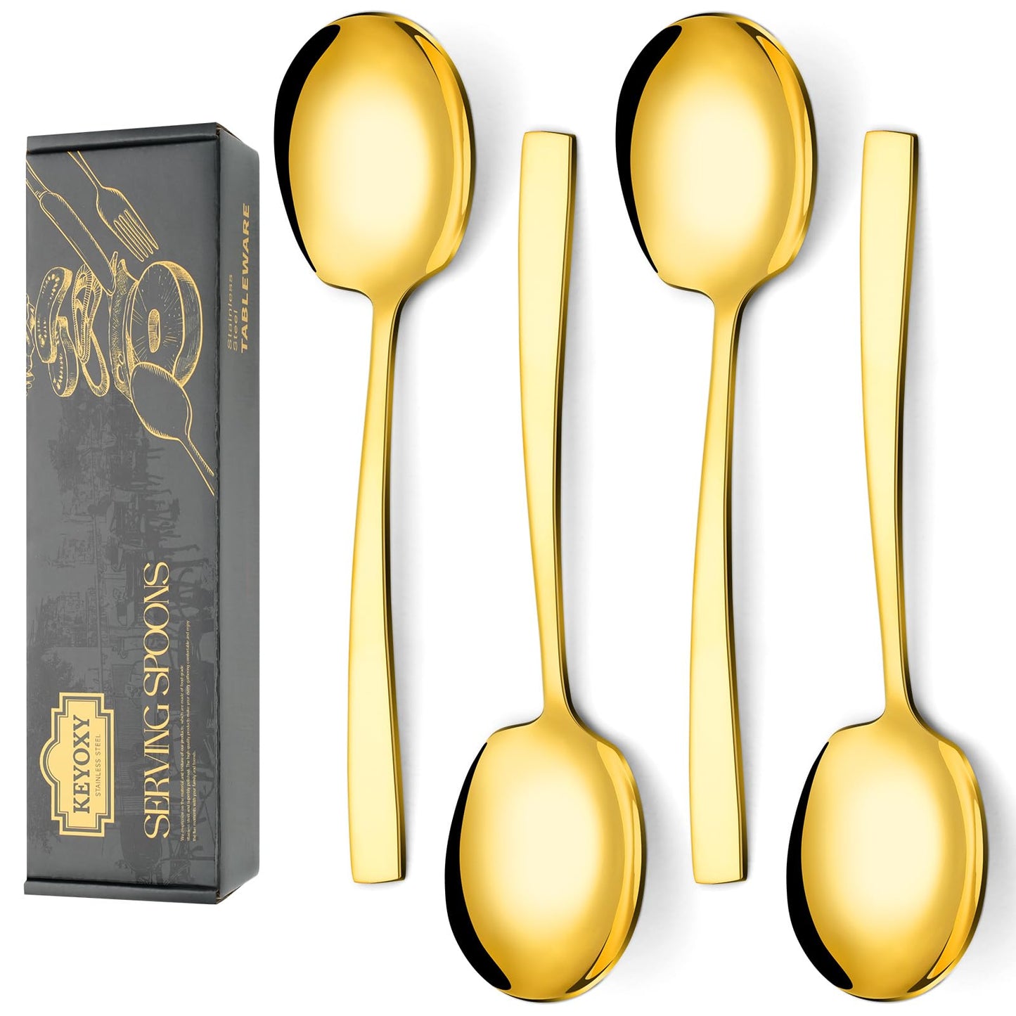 Keyoxy 4 Piece Stainless Steel Serving Spoons Set - 4 Large Spoons, 9.2-Inch, Dishwasher Safe, for Parties/Kitchen/Buffet/Catering,Gold