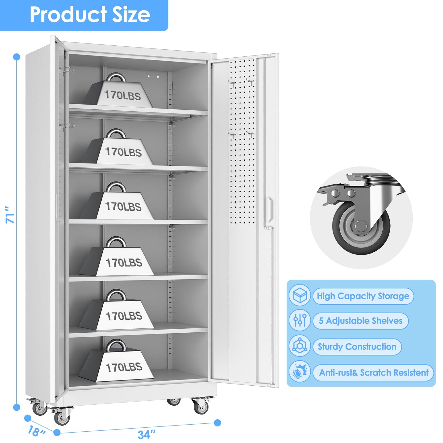 Aobabo Upgraded Garage Storage Cabinets with Wheels,Metal Storage Cabinets with 5 Adjustable Shelves for Garage Home Office Storage,White,71''H*34''W*18''D,Assembly Required