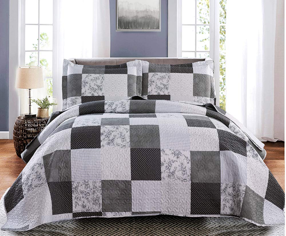 Morden Lightweight Queen Bedspread - Floral & Plaid Reversible Quilt Set - Grey & Black White Paisley & Floral Pattern