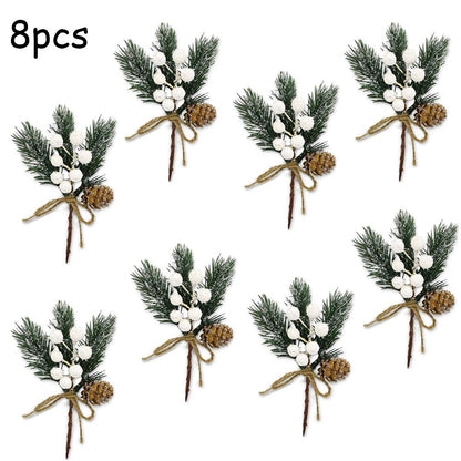 MEMOVAN Artificial Christmas Picks 8 Pack, White Christmas Berries Stems Pine Branches Cones Holly Spray/Winter Holiday Floral Pick for Xmas Decor Wreath, Garland, Crafts, Xmas Tree, Gift Wrap