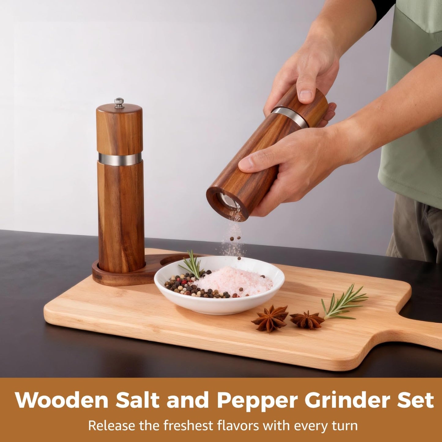 2 Pcs Wooden Salt and Pepper Grinder Set, Wood Pepper Shakers, Wooden Base, Refillable Sea Salt Grinder, 8.5 x 2.2 in