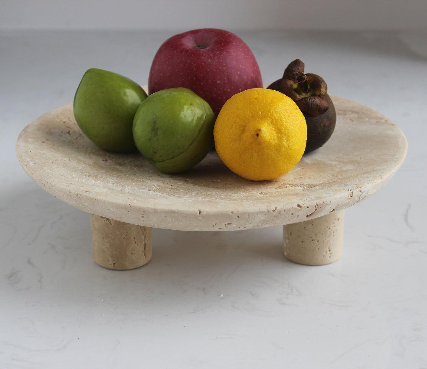 Nawgnail Handmade Travertine Fruit Bowl for Kitchen Counter 10", Large Decorative Bowl for Home Decor, Modern 3-Legs Serving Plate, Key Bowl for Entryway