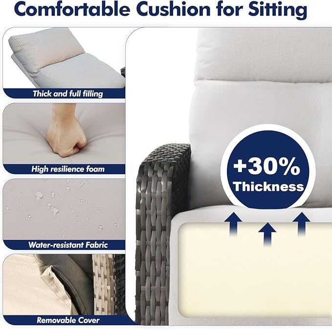 Outdoor Recliner Chair Set of 2, Wicker Patio Recliners with Adjustable Backrest and Extended Foot Rest, Reclining Patio Chairs with Flip Table & Removable Cushion Cover for Porch