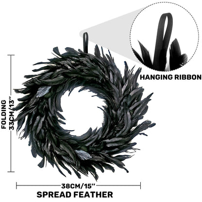 MOVINPE Black Feather Wreath - 14.9'' Natural Cocktail Feather Wreath, Halloween Photo Props, Front Door Decor Witch Spooky Scene Party Decorations