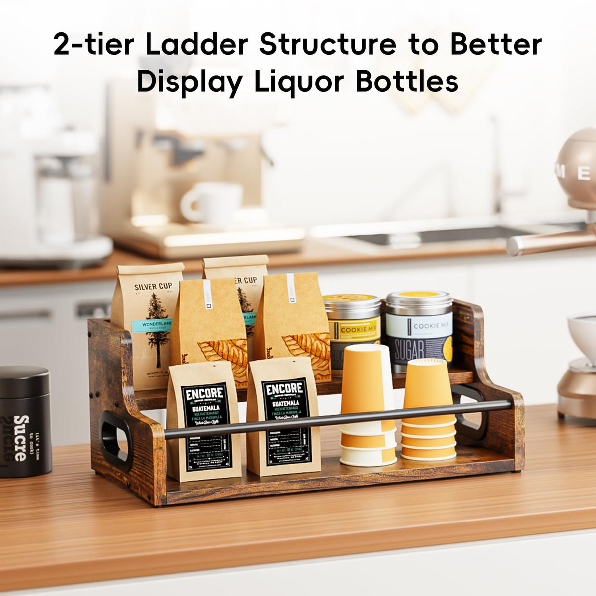 KLM Liquor Bottle Display Shelf, Coffee Syrup Rack Organizer, 2 Step Countertop Liquor Wine Rack, mini bar,Liquor Cabinet, Home Retro Bar Shelf Stand for Liquor Whiskey, Spirits, Brown