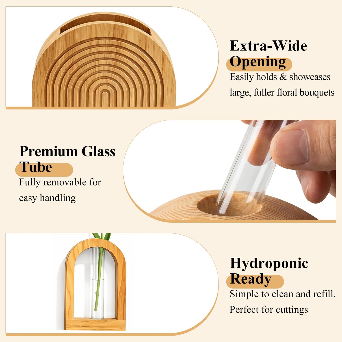 TBWIND Wooden Wall Vases for Flowers Set of 3, Propagation Planter with 2 Glass Tubes, Modern Farmhouse Hanging Wood Decor for Living Room, Entryway (Natural)