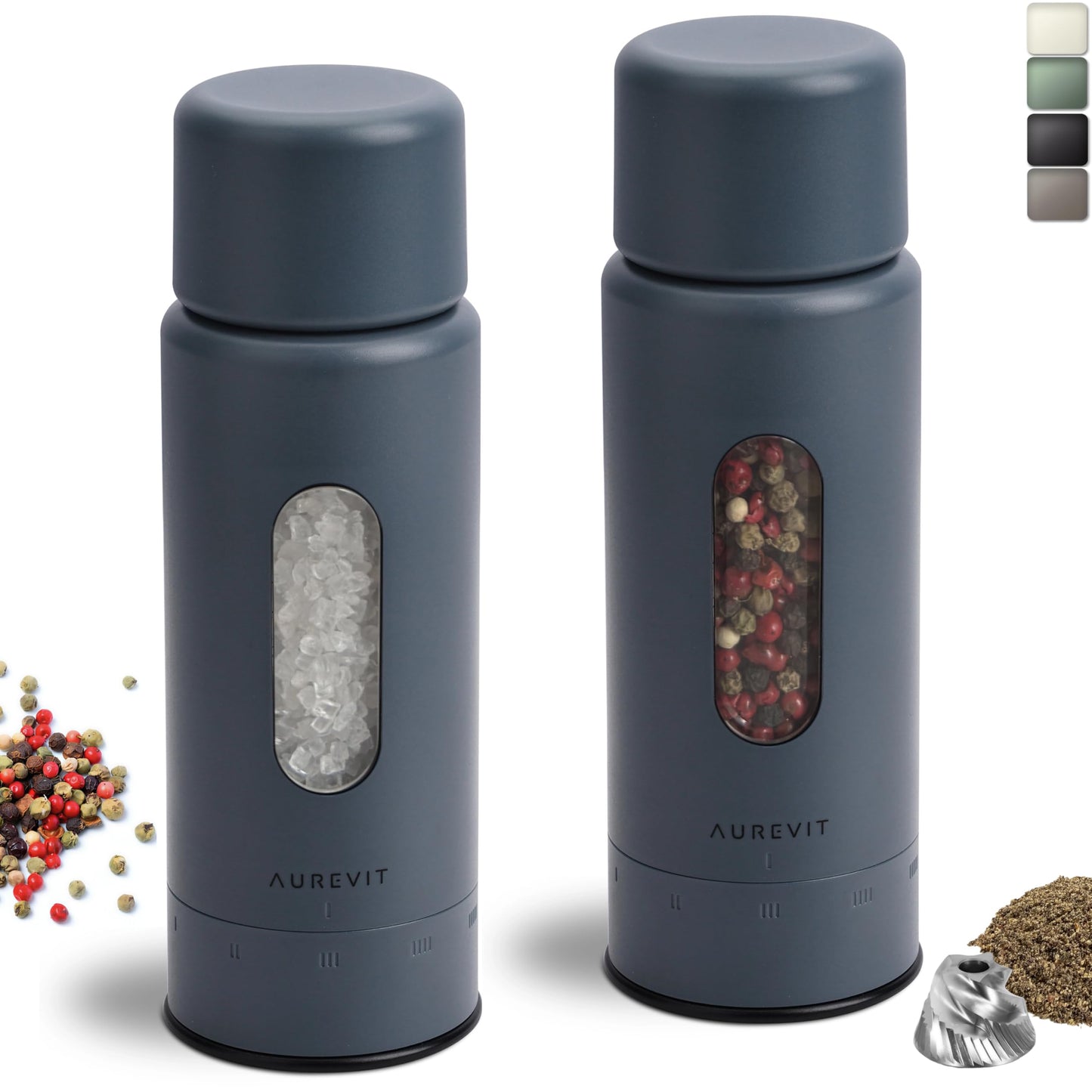 Aurevit Salt And Pepper Grinder Set Manual, Salt And Pepper Mill With Ceramic/Stainless Steel Core, External Adjustable Coarseness, Refillable, Durable (2 Packs, Blue-Grey)